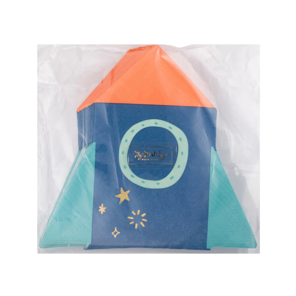 Packaged rocket napkins showing foil stars and design