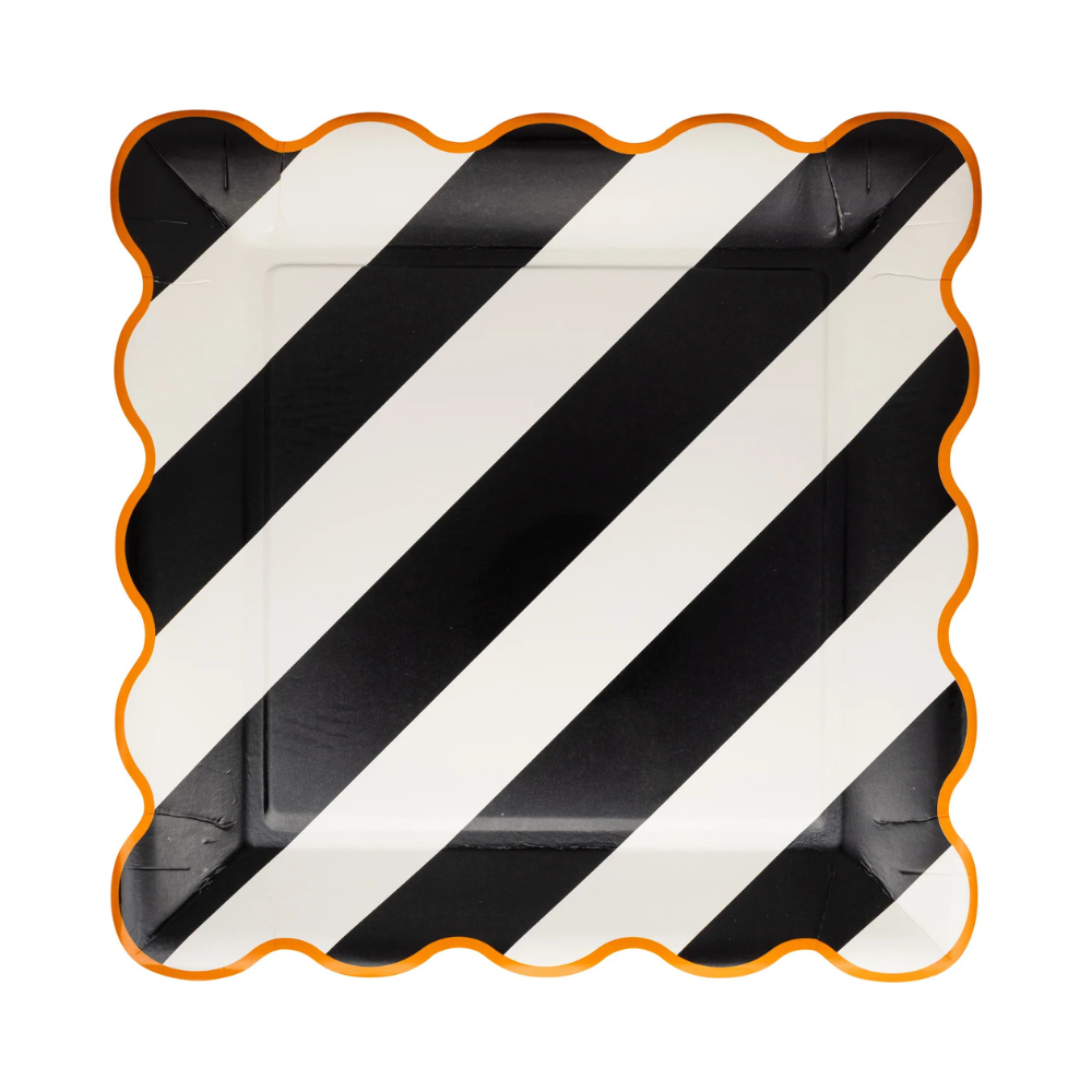 Single black and white striped 10" plate with orange scalloped edge.