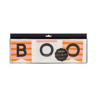 Front packaging of Boo La La Banner showing orange and pink striped flags with black letters