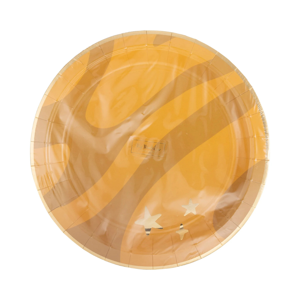 Front view of a single gold-accented planet-themed paper plate