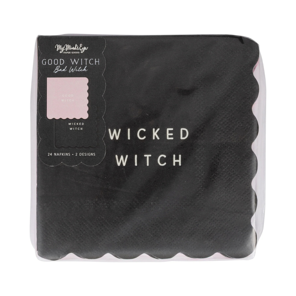 Packaged black scalloped napkins labeled "Wicked Witch"