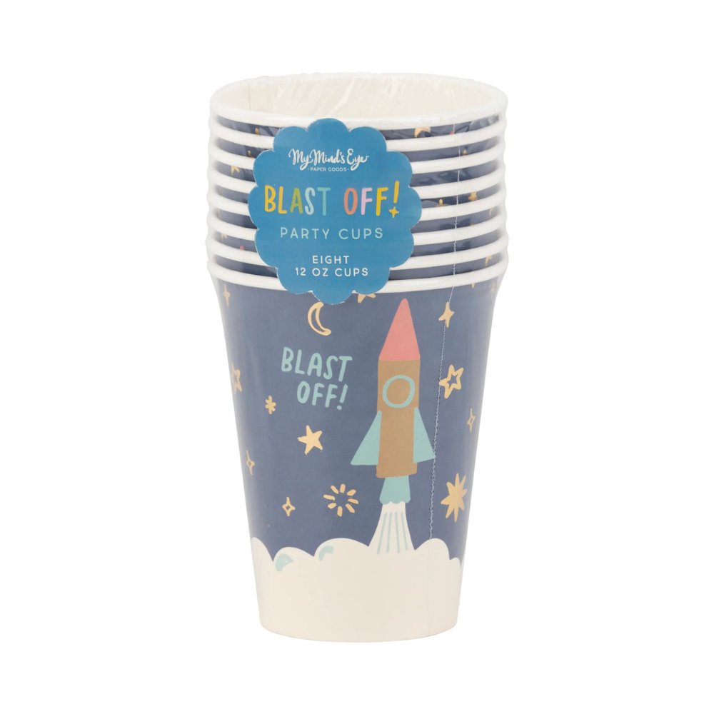 Stack of space-themed paper party cups with “Blast Off!” sticker