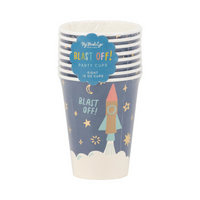 Stack of space-themed paper party cups with “Blast Off!” sticker