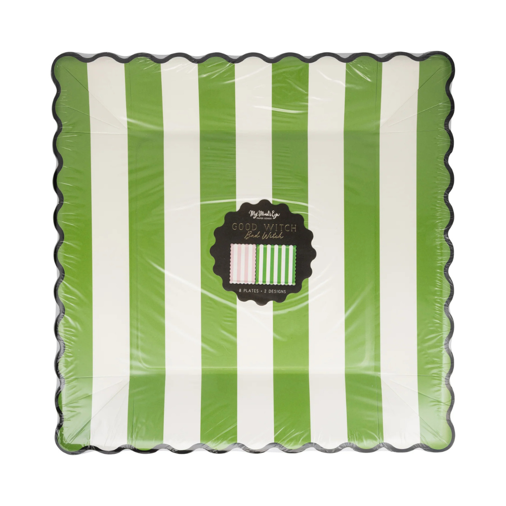 Front view of Green Stripe Plate packaging labeled "Good Witch Bad Witch"