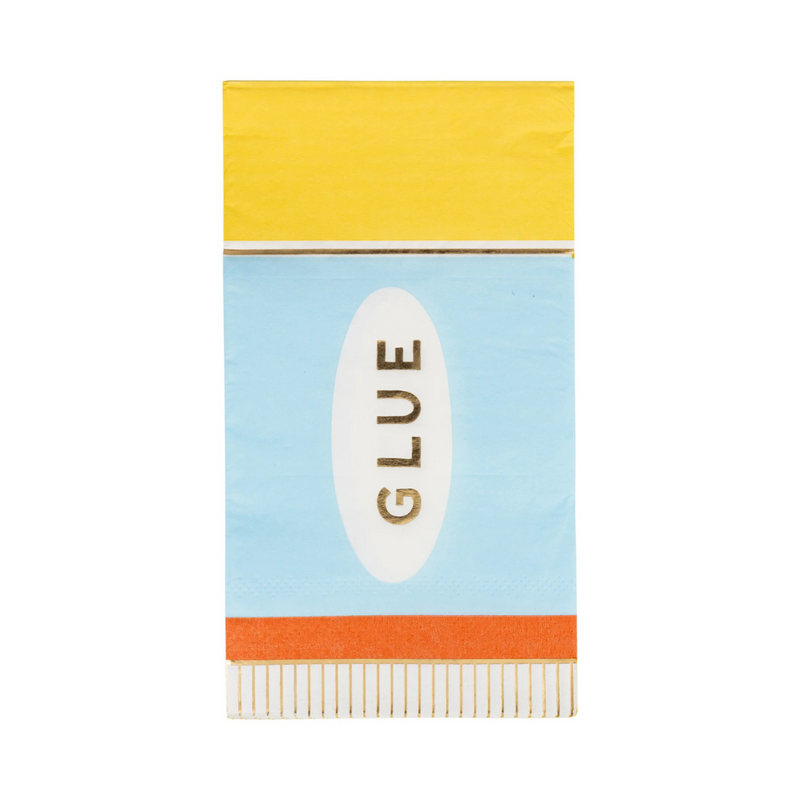 Glue stick-shaped napkin with yellow, blue, orange, and gold detailing