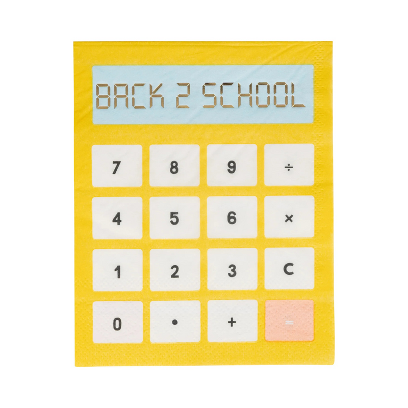 Close-up of a yellow paper napkin designed to look like a calculator with “BACK 2 SCHOOL” displayed on the screen and calculator buttons below.