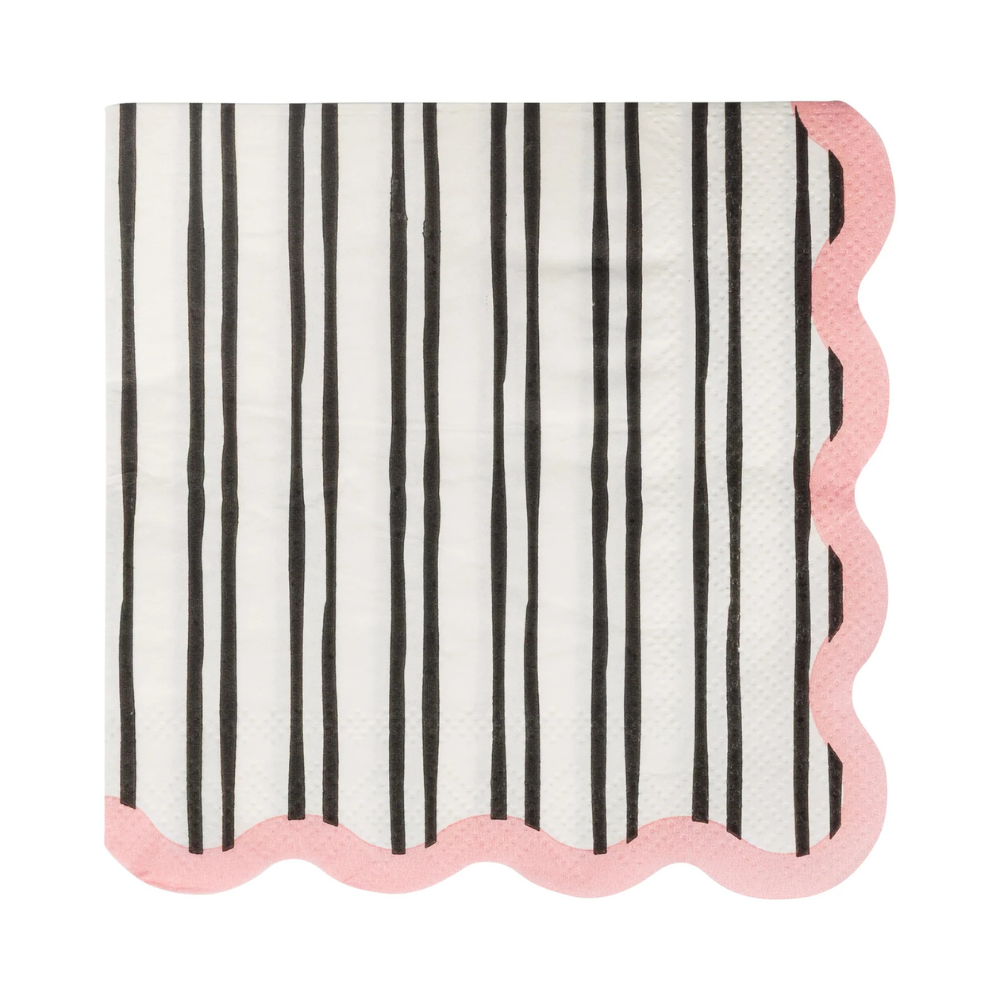 Single unfolded napkin showing vertical black stripes and a soft pink scalloped trim.