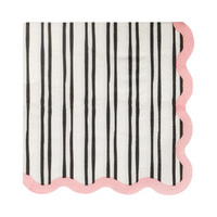 Single unfolded napkin showing vertical black stripes and a soft pink scalloped trim.