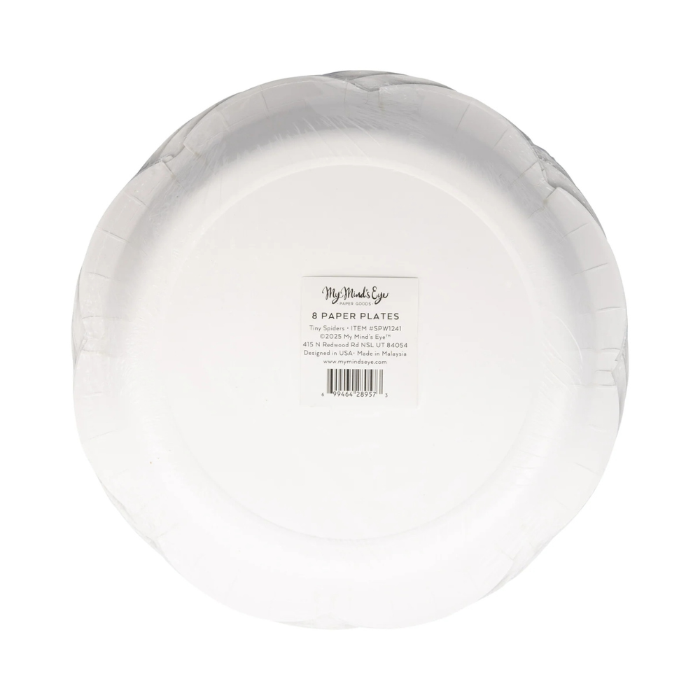 Back of paper plate pack showing product label for My Mind’s Eye Tiny Spiders paper plates.