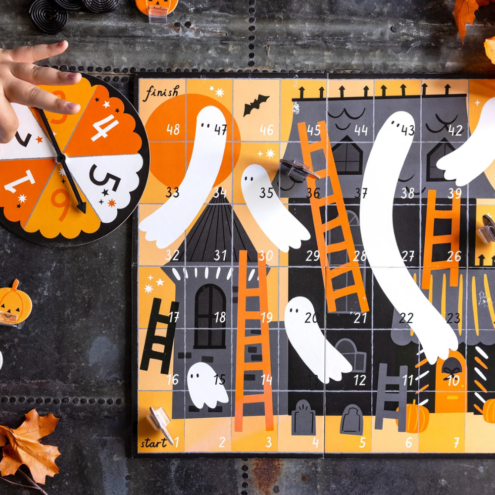 Close-up of board game in use with hand spinning the spinner