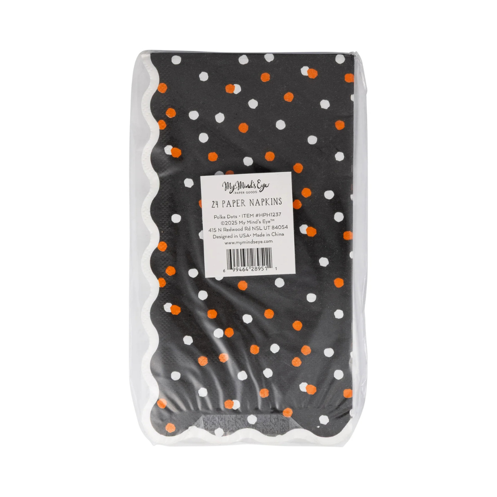 Back view of Halloween Polka Dot Dinner Napkins in packaging