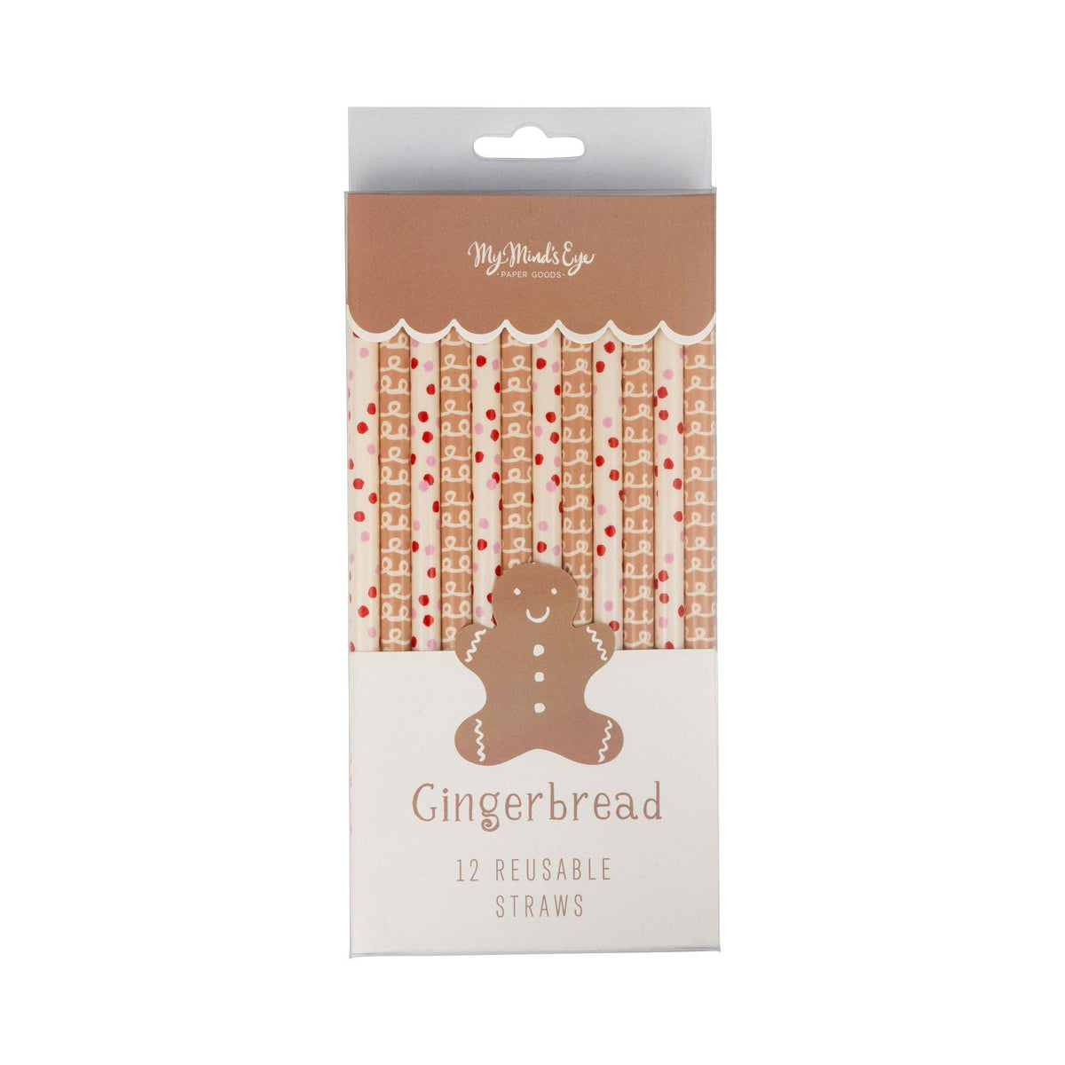 Packaging of Gingerbread Straws showing 12 reusable plastic straws in festive brown and red designs.