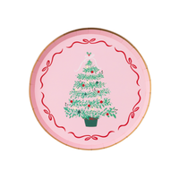 Stack of Pink Christmas Tree dessert plates with gold foil edging.