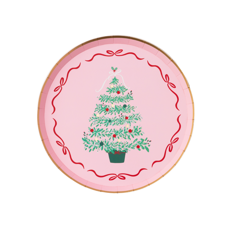 Stack of Pink Christmas Tree dessert plates with gold foil edging.