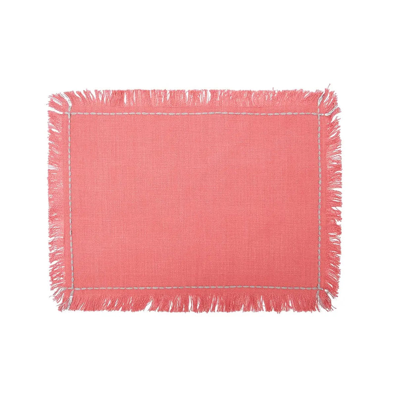 Pink rectangle placemats with fringe and stitching details - perfect for a Spring table.