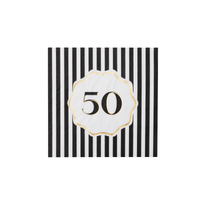 Single black and white striped cocktail napkin with white scalloped gold foil 50 birthday medallion on white background