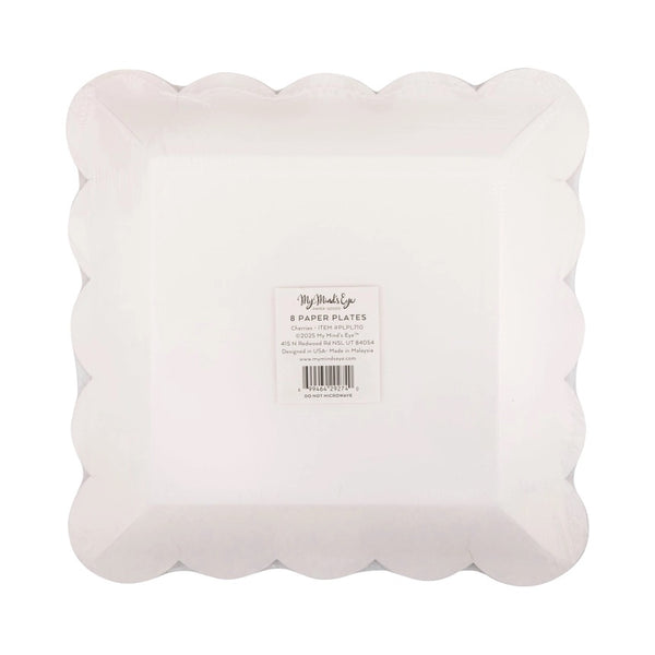 Back of package showing white scalloped paper plates labeled with product information for cherry party decorations.