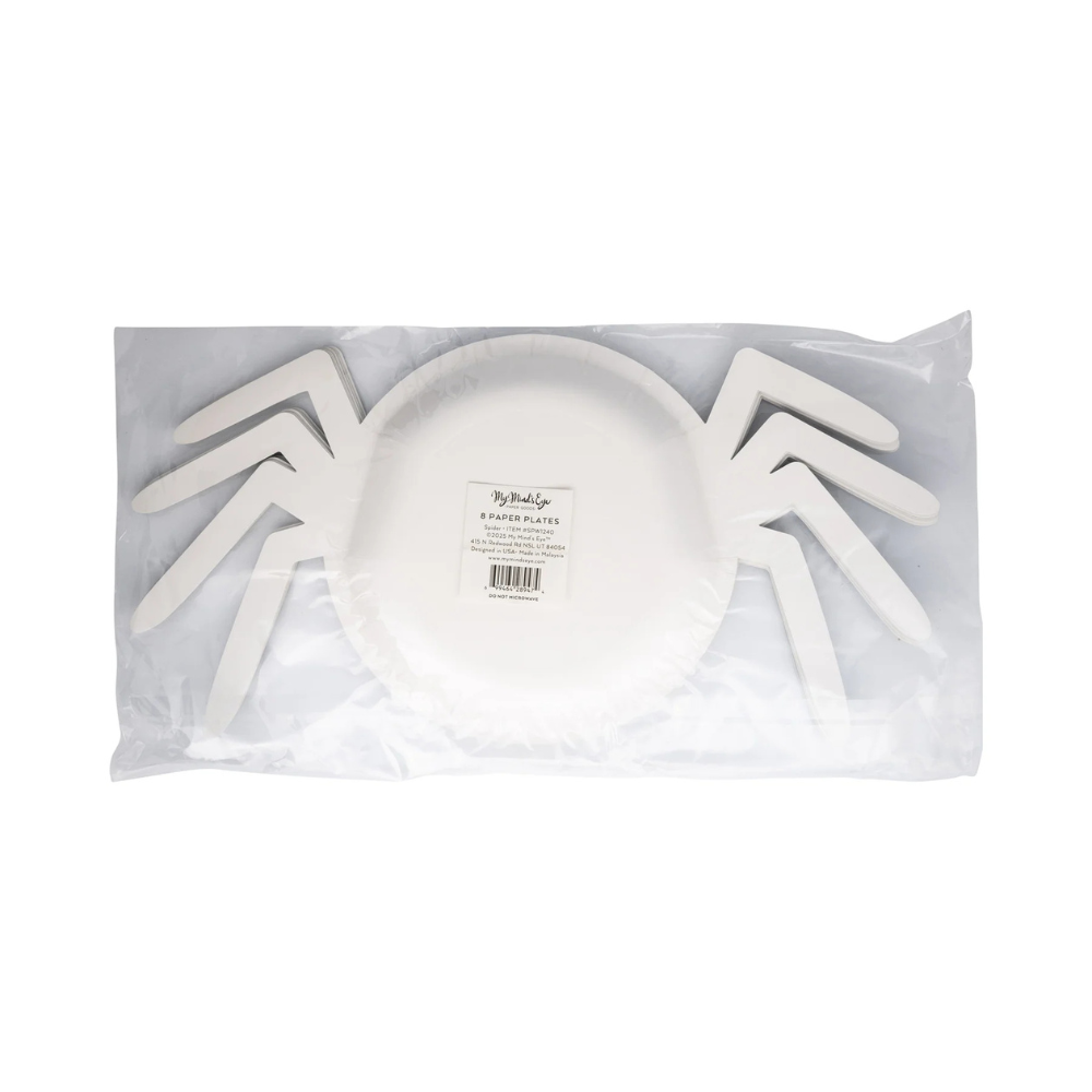 Packaged black spider-shaped paper plates with holographic foil