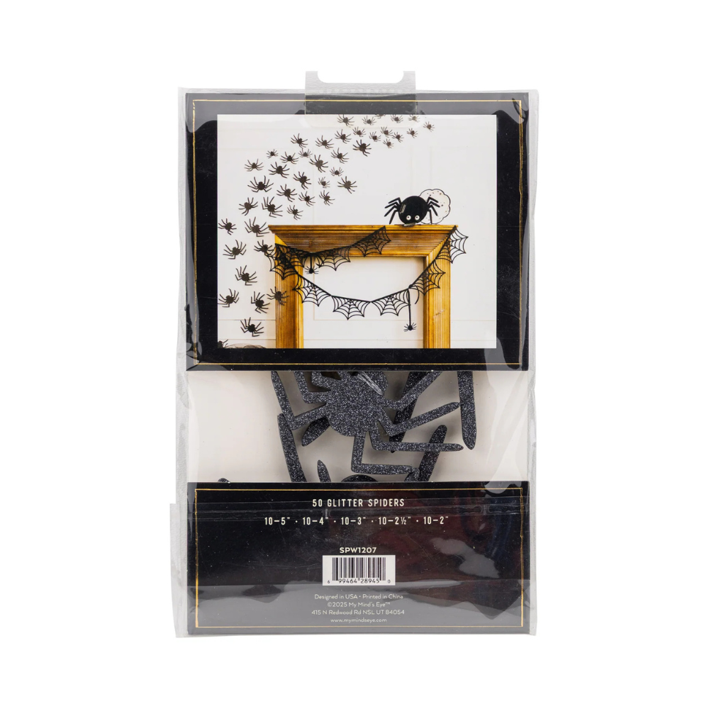 Front packaging of glittered wall décor spiders set showing contents and product display example.