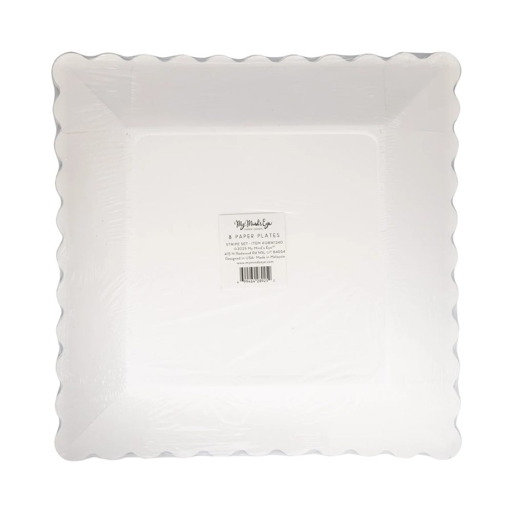 Back side of Green and Pink Stripe 11" Plate Set packaging showing barcode