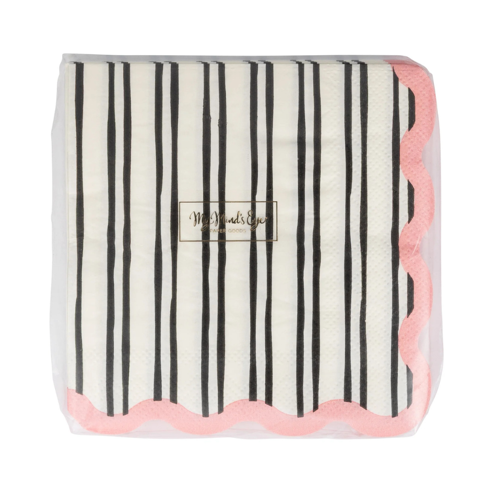 Front packaging of Boo La La White & Black Striped Cocktail Napkins showing product label and pink scalloped edge.