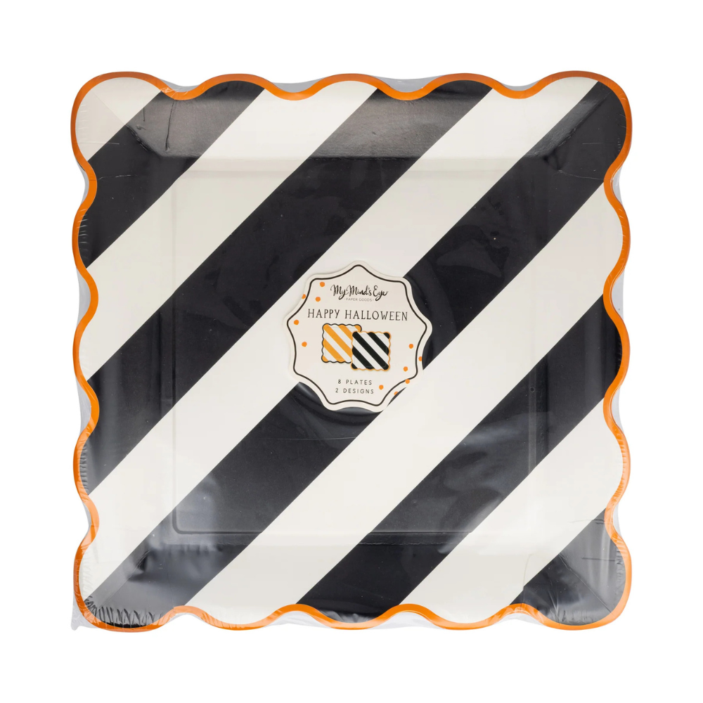 Front of Striped 10" Paper Plate Set packaging showing black stripe design.