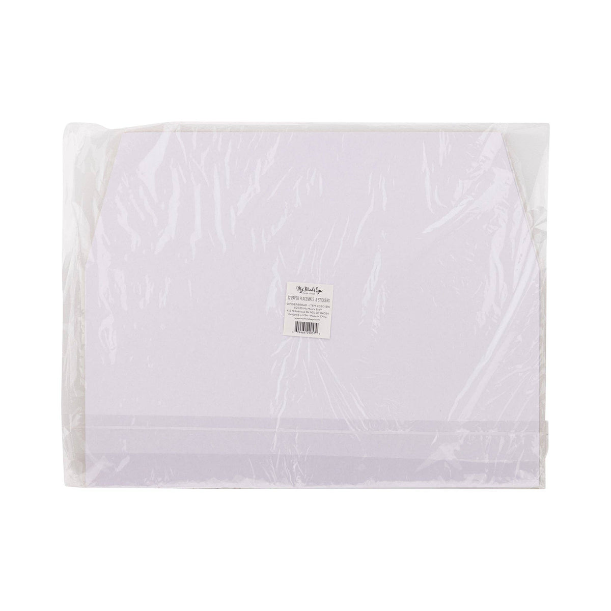 Back view of the Gingerbread Placemats With Stickers packaging, showing the product label on white paper sheets.