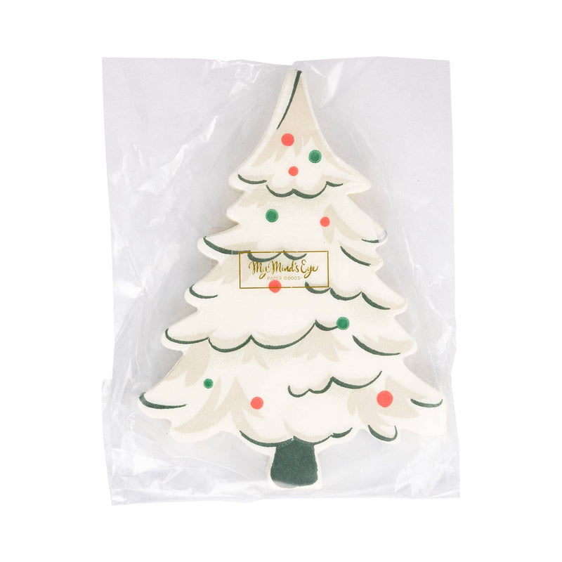 Stack of Retro Tree Dinner Napkins with vintage-style tree print and colorful ornaments.