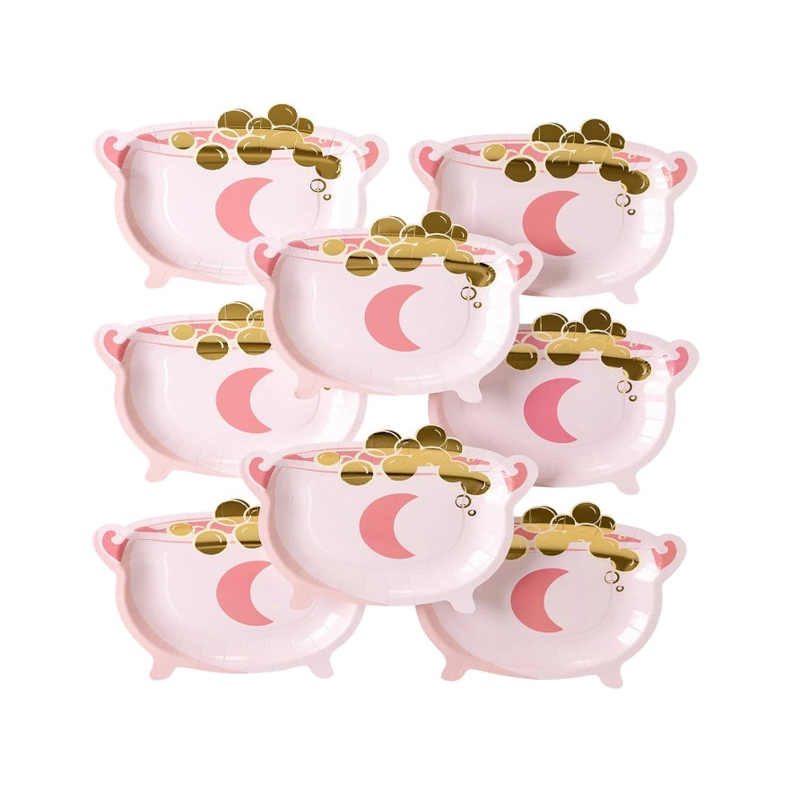 Set of 8 pink cauldron-shaped Halloween paper plates with gold potion bubbles.