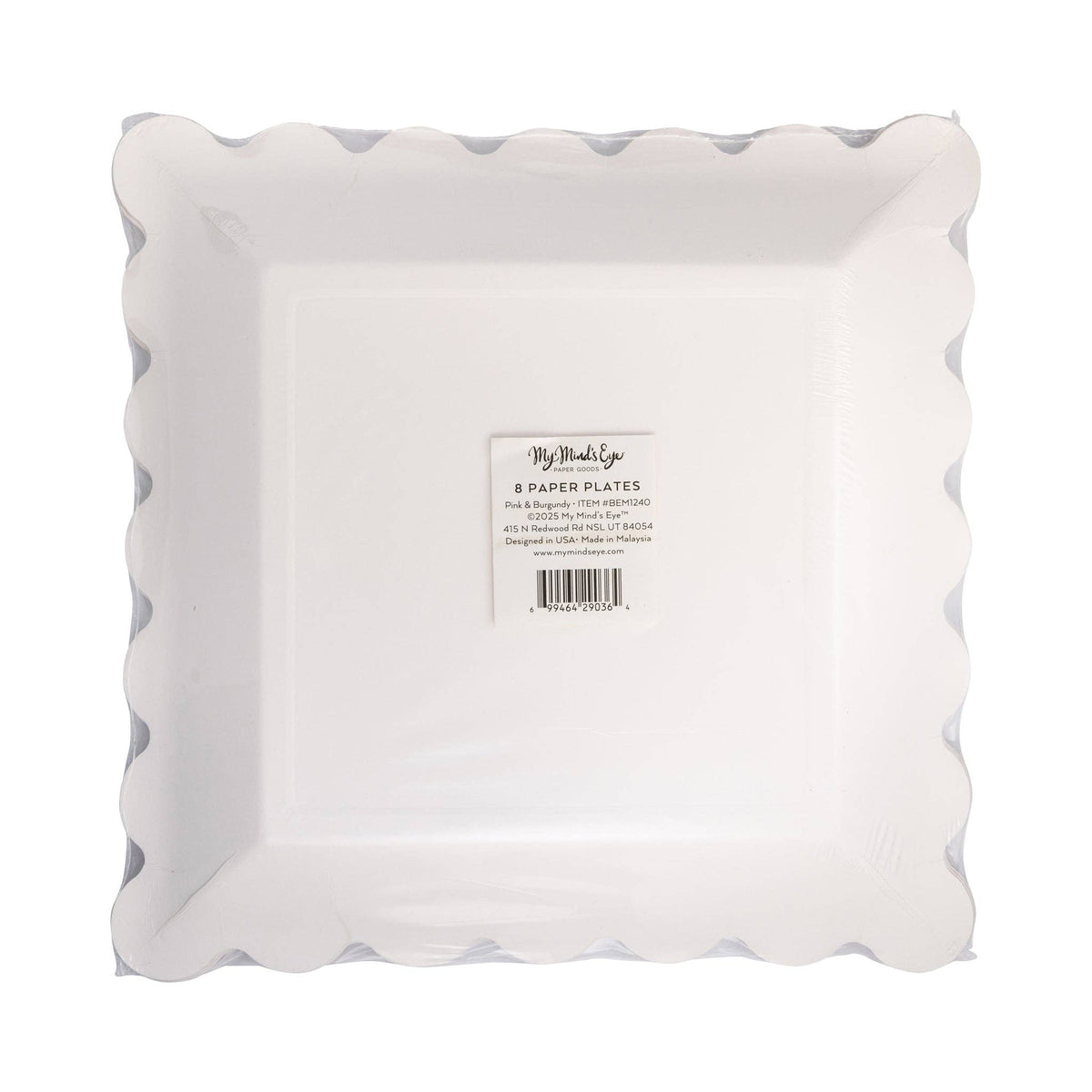 Back view of packaged Pink & Burgundy striped paper plates with label