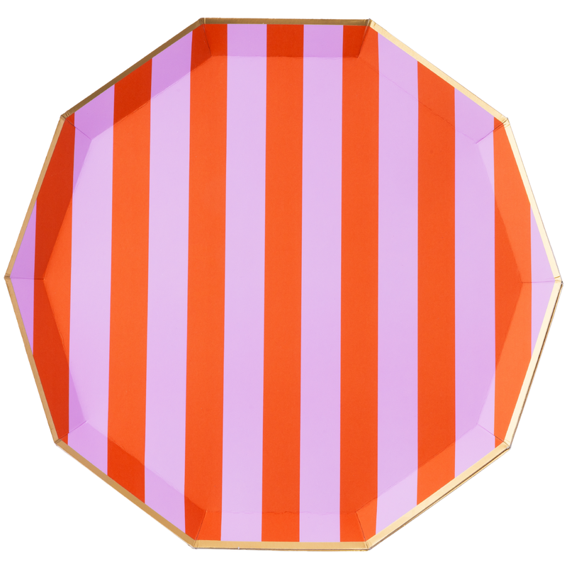 A top-down view of an octagonal paper plate with alternating vertical orange and lilac stripes bordered by a gold edge.