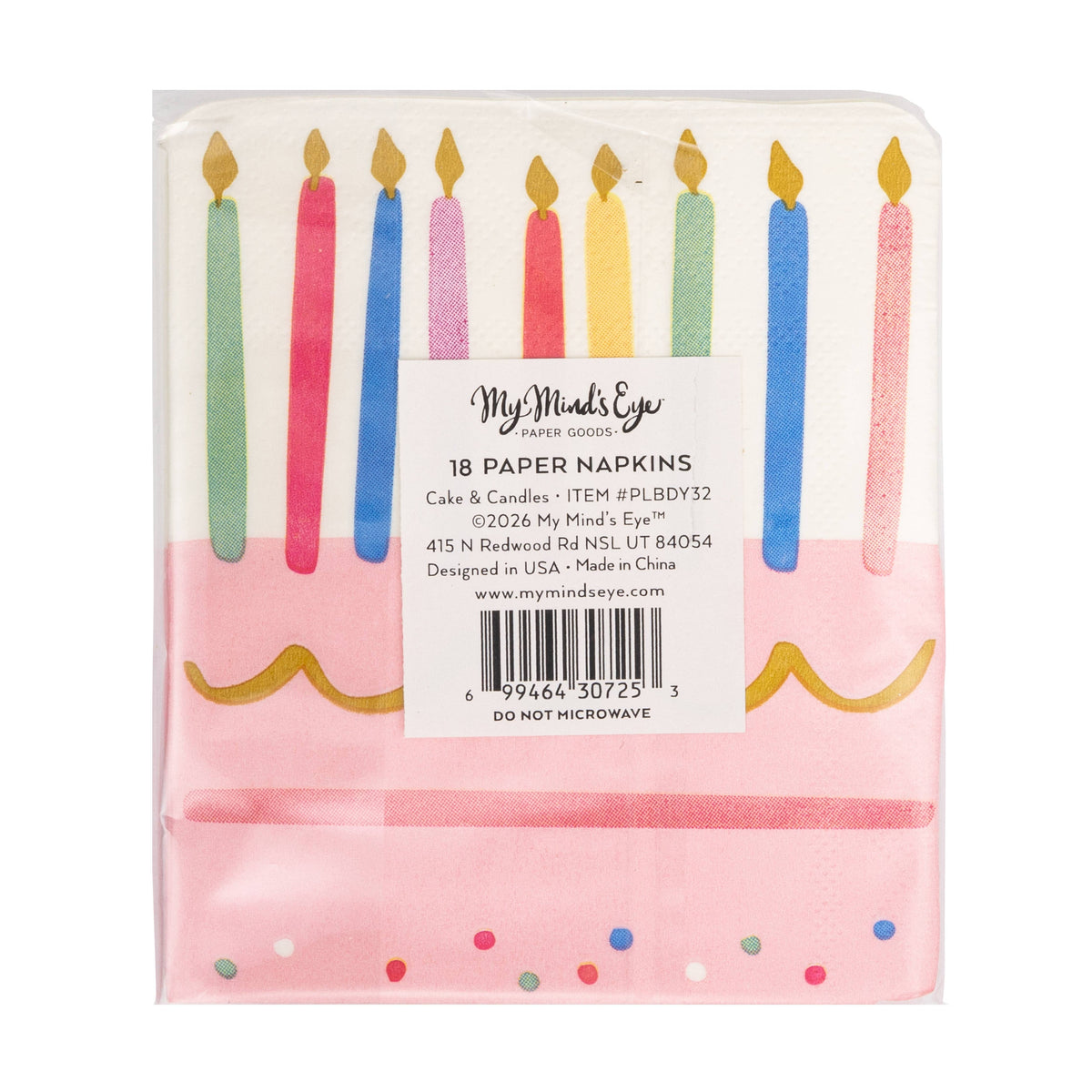 The back of the 5x5 cocktail napkins packaging showing the barcode and quantity for the Cake Smash Essential items.