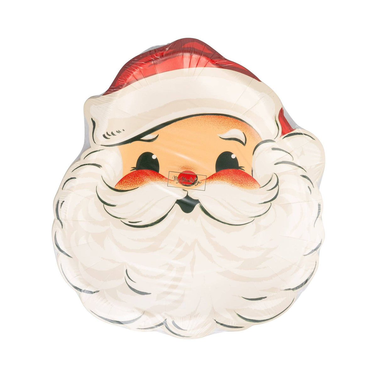 Stack of Retro Santa Paper Plates featuring a smiling, vintage-style Santa Claus with red hat and rosy cheeks.