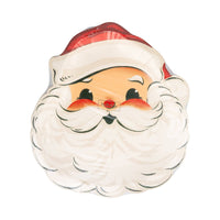 Stack of Retro Santa Paper Plates featuring a smiling, vintage-style Santa Claus with red hat and rosy cheeks.