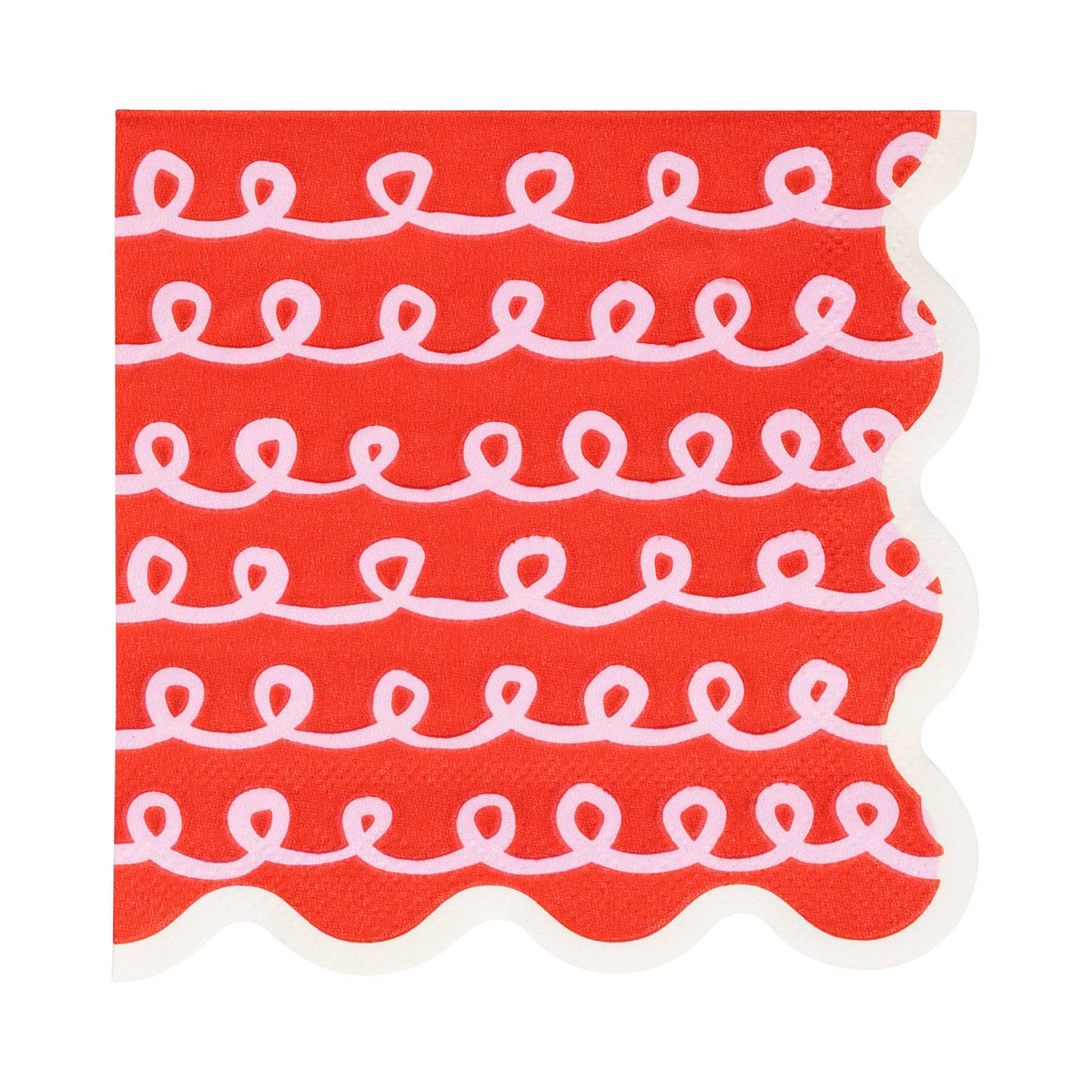 Close-up of red Frosting Cocktail Napkin with white looping frosting pattern and scalloped edge.