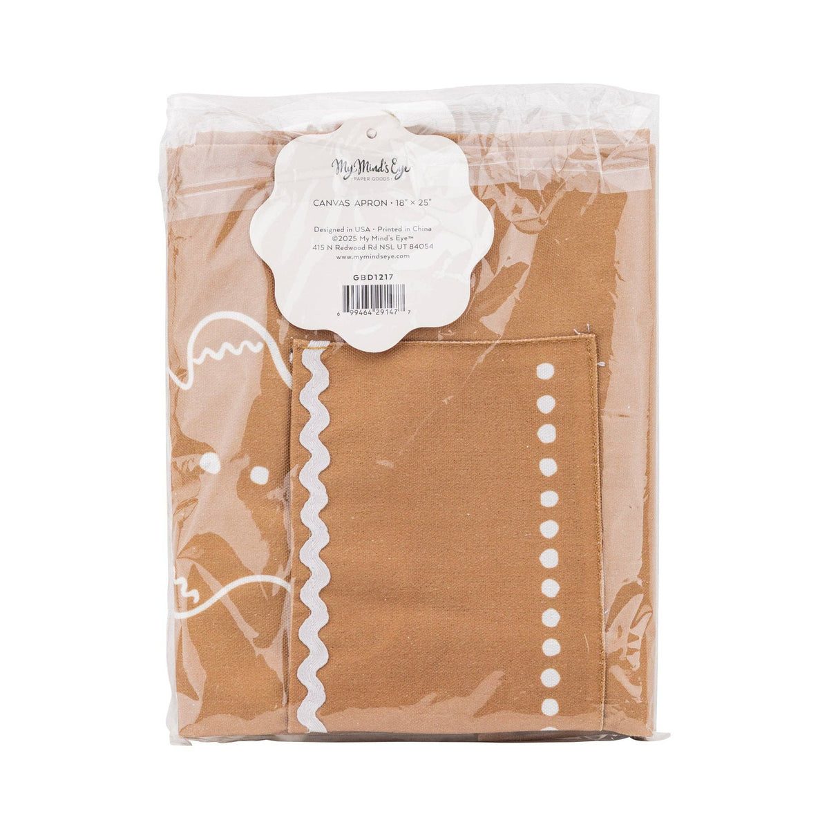 Back view of the Gingerbread Apron – Youth in packaging, showing product label and cotton canvas material.