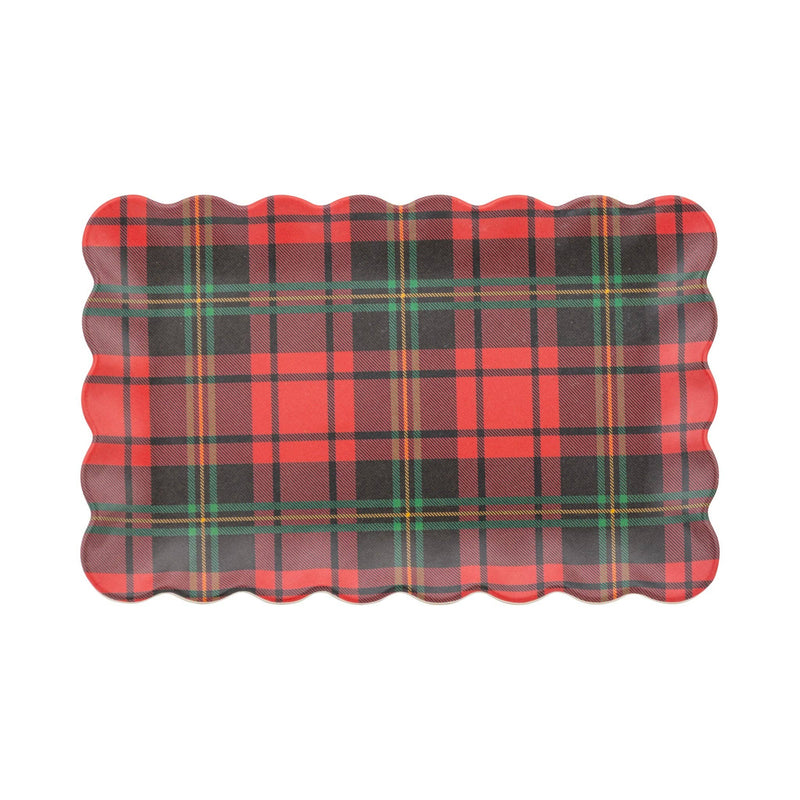 Red and green plaid bamboo tray with scalloped edges