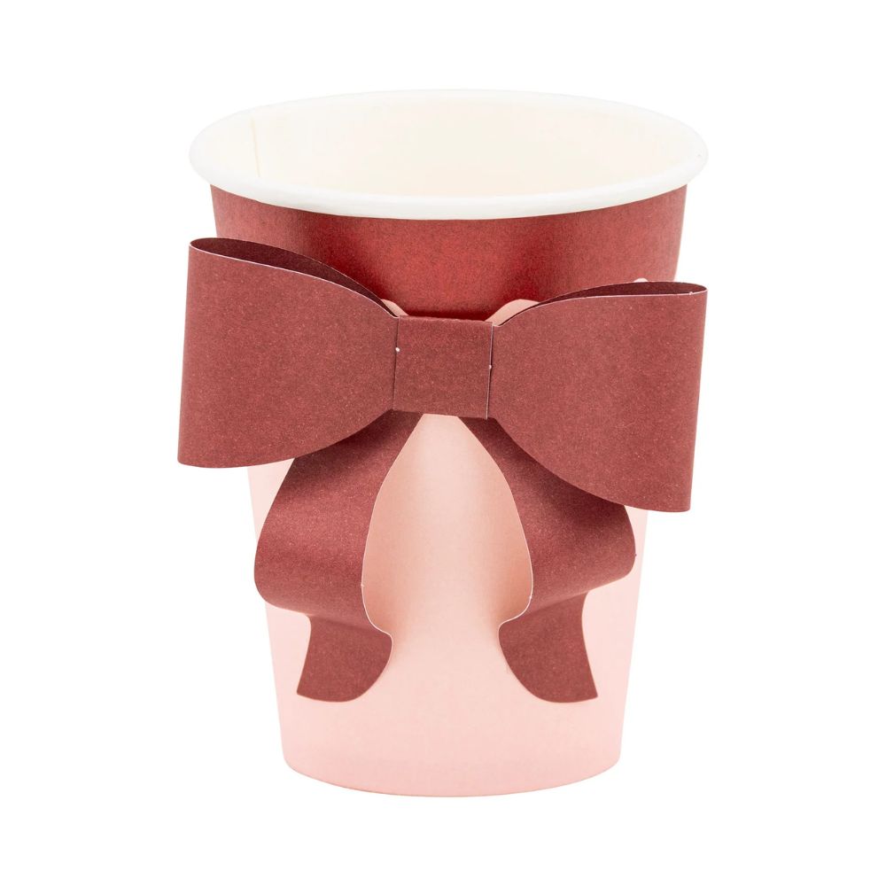 Pink and burgundy paper cup with 3D bow on the front