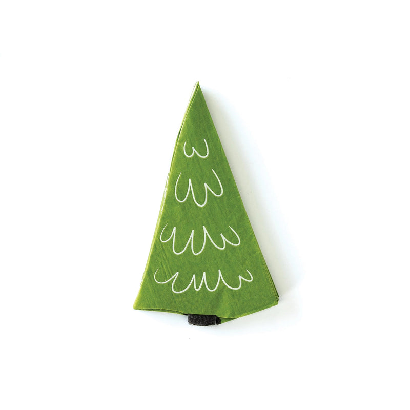 Close-up of one folded tree-shaped napkin in rich green with white branch lines, shaped like a pine tree.