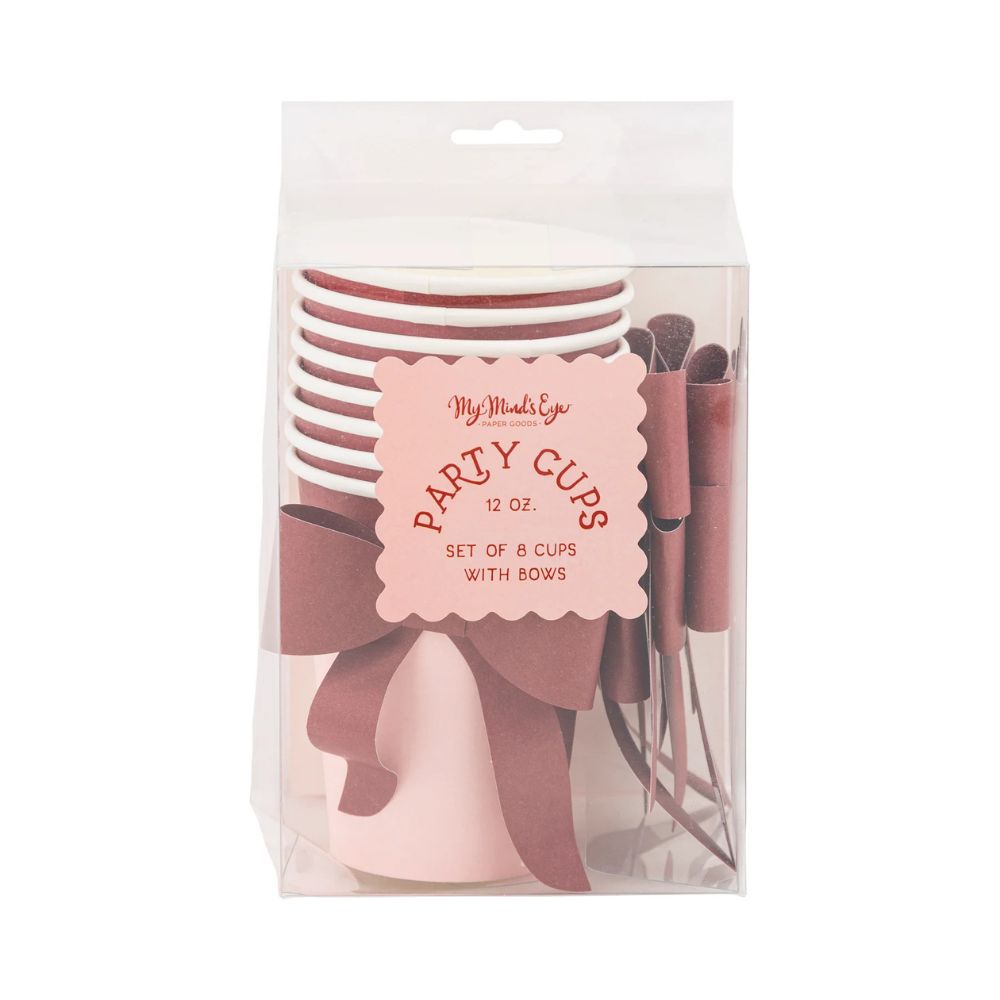 Packaged set of pink and burgundy cups with bows, 12 oz