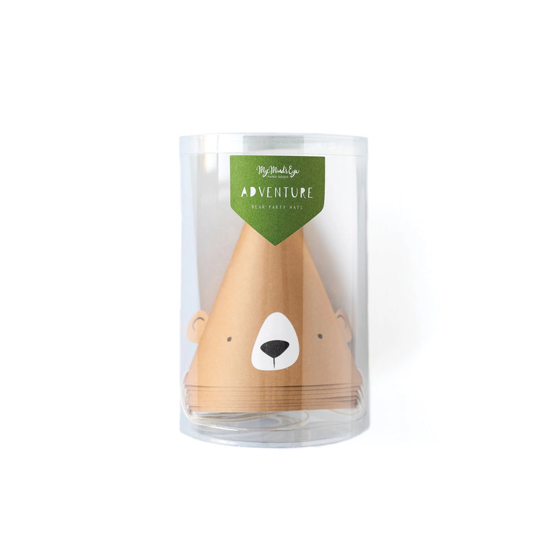 Adventure Bear Party Hats shown stacked inside a clear display container with green label, highlighting the full set of 8 hats.