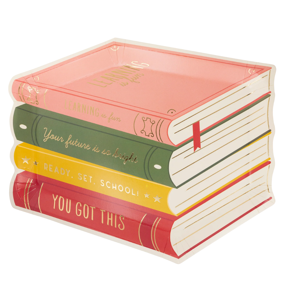 Stack of Books Paper Plate – front view featuring colorful book spines