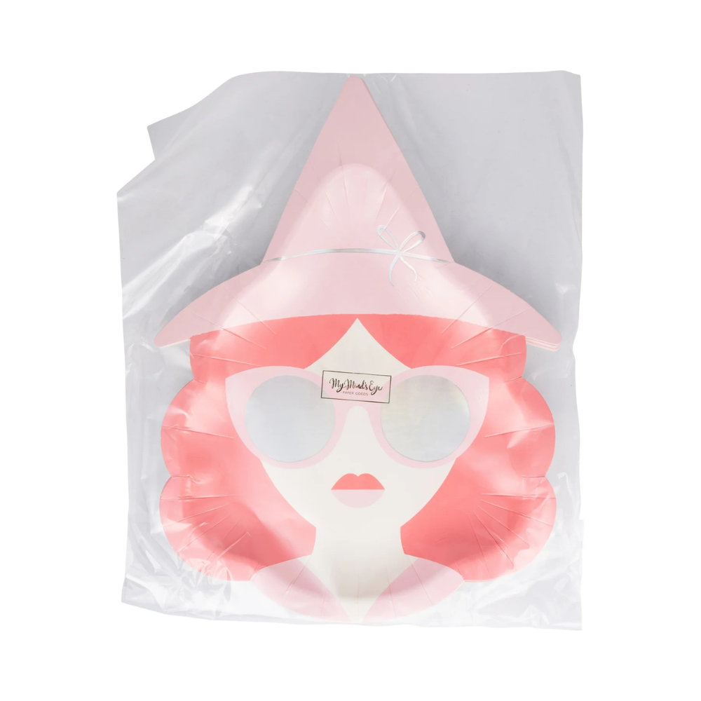 Front view of packaged Good Witch plates with character design visible