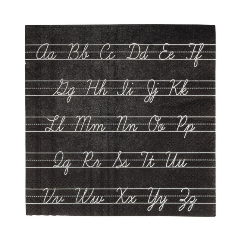 Square black cocktail napkin with white cursive alphabet printed in handwriting style