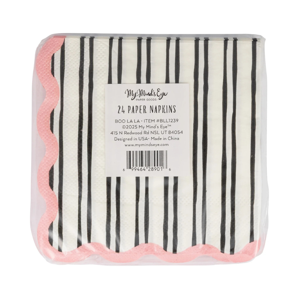 Back packaging of Boo La La White & Black Striped Cocktail Napkins showing product label