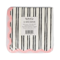 Back packaging of Boo La La White & Black Striped Cocktail Napkins showing product label