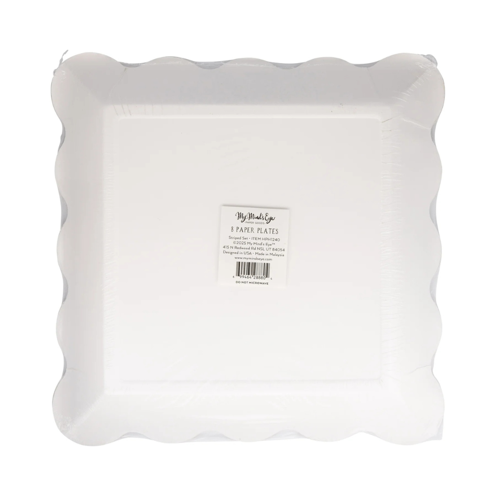 Back of Striped 10" Paper Plate Set packaging with product label visible.