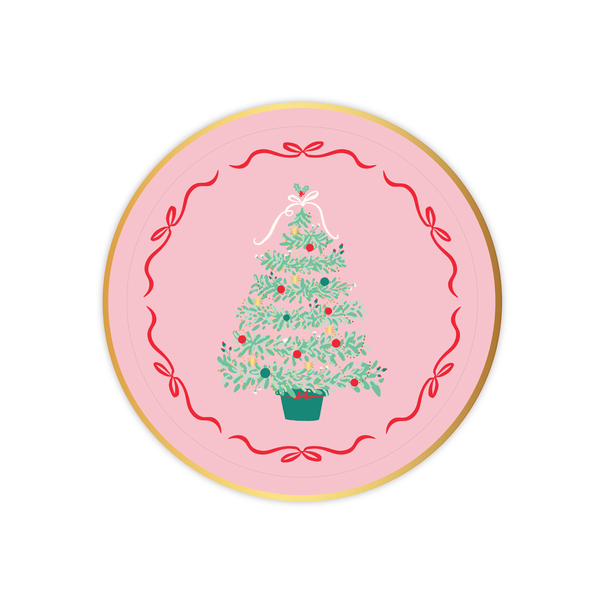 Pink Christmas Tree dessert plate with illustrated green tree and red ribbon border on a pink background.