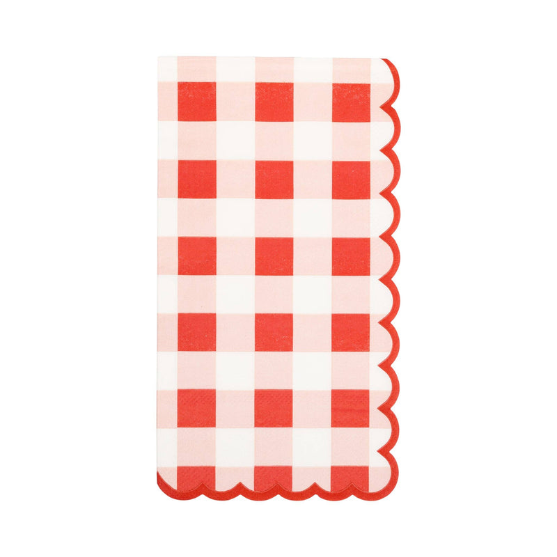Red and pink gingham paper dinner napkin with scalloped edge