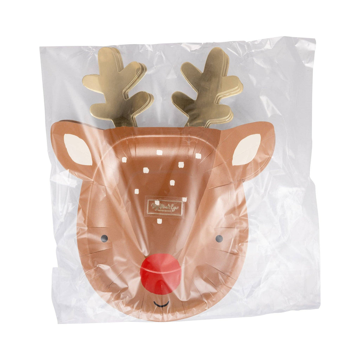 Pack of Rudolph-shaped paper plates with gold antlers and red nose, front view